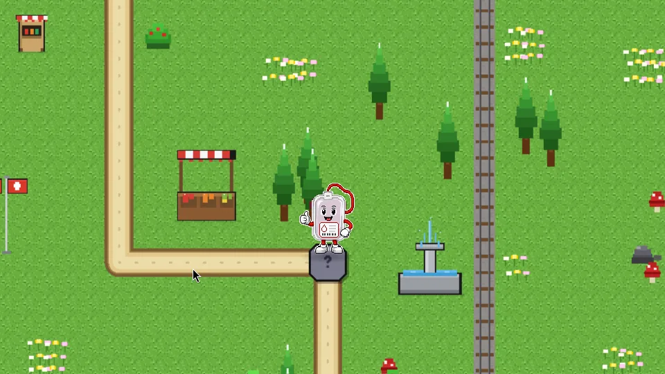 The game: Pochy, the blood-bag mascot, on a pixel-art map where each step is an eligibility question