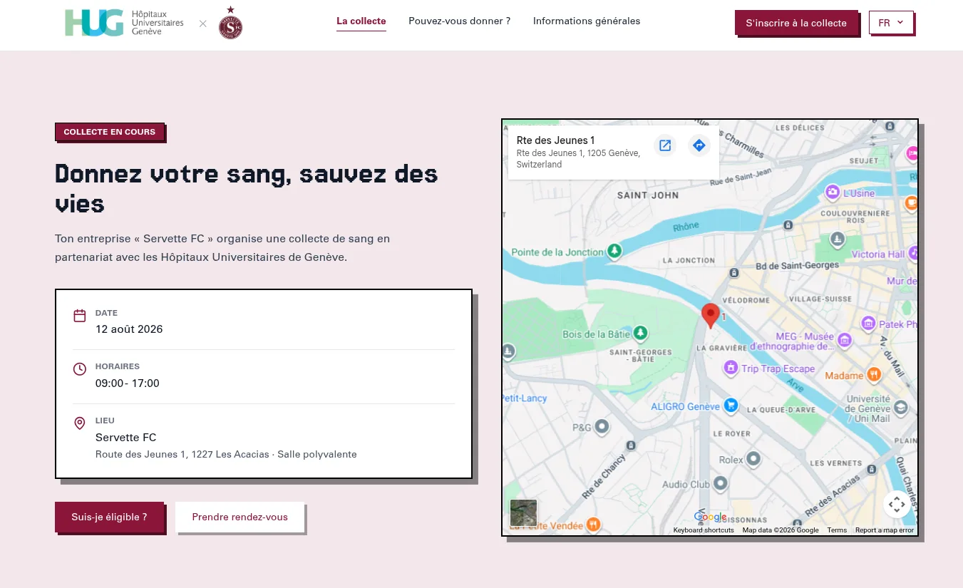 Public page for a Servette FC blood drive, with date, location, map and sign-up button